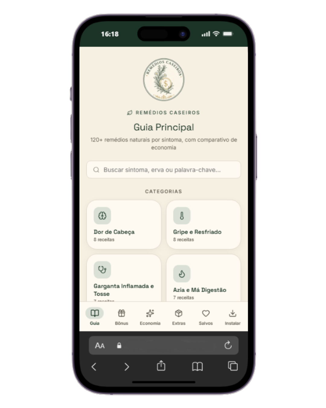 Mockup do app Remédios Caseiros mostrando a tela de busca por sintoma